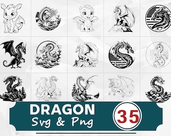 Dragon Silhouette SVG PNG Bundle, Mythical Creature Clipart, Fantasy Beast Cut Files, Gothic Vector