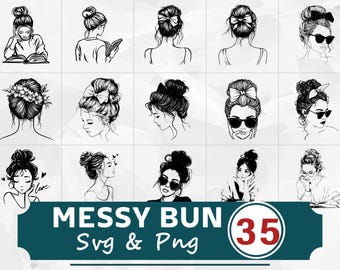 Messy Bun Silhouette SVG PNG-paket, kvinnafrisyr Clipart (digital nedladdning)