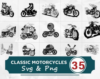 Classic Motorcycle Silhouette SVG PNG Bundle, Vintage Bike Clipart, Cricut Cut Files