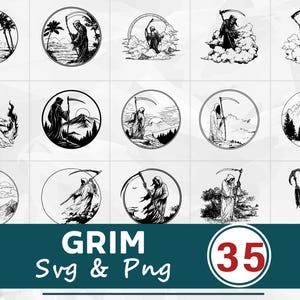 May include: A selection of black and white Grim Reaper designs within circular borders. Each illustration depicts the Grim Reaper holding a scythe, set against diverse backgrounds. The image also includes the text "GRIM SVG & PNG" and the number "35".