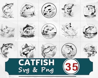Catfish Silhouette SVG PNG Bundle, Fishing Clipart, Rustic Wildlife Cut File, Freshwater Fish Vector