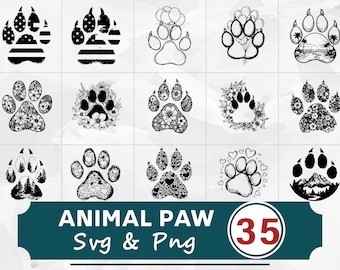 Animal Paw Print Silhouette SVG PNG Bundle, Pet Clipart Vector, Cricut Cut Files