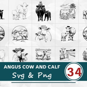 May include: A collection of black and white illustrations of Angus cows and calves. The images feature various scenes, including cows with hats and floral crowns, and landscapes. The text "ANGUS COW AND CALF Svg & Png" is displayed below the images, along with the number "34".