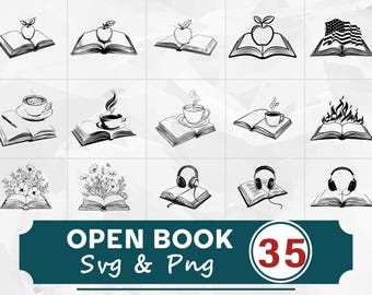 Paquete SVG PNG de libro abierto, imágenes prediseñadas de lectura, archivo de corte de Cricut