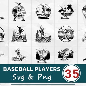 May include: Collection of 15 black and white baseball player illustrations in various action poses. The images are set in different environments, including landscapes with palm trees, mountains, and cacti. The text "BASEBALL PLAYERS SVG & PNG" is displayed.