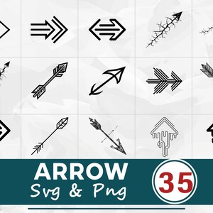 May include: Collection of 15 black and white arrow designs in various styles. The image includes arrows pointing left, right, up, and down, as well as double-headed and decorative arrow illustrations. The text "ARROW Svg & Png" is displayed below the arrows, with the number "35" in a circle.