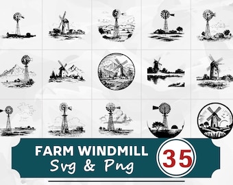 Farm Windmill Silhouette SVG PNG Bundle, Rustic Country Clipart, Barn Life Cut Files, Farmhouse