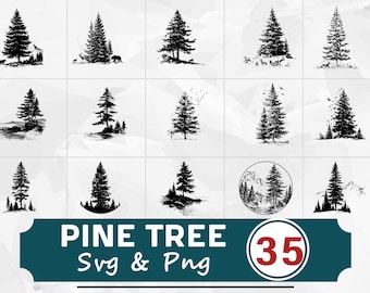 Pine Tree Silhouette SVG PNG Bundle, Forest Nature Clipart Vector, Cricut Cut Files Rustic Design