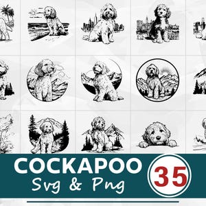 Könnte beinhalten: Eine Sammlung von 15 Schwarz-Weiß-Illustrationen von Cockapoo-Hunden in verschiedenen Posen und Umgebungen. Die Bilder zeigen Hunde an Stränden, vor Stadtlandschaften und in Naturszenen. Der untere Teil des Bildes zeigt den Text "COCKAPOO Svg & Png" und die Zahl "35" in einem Kreis.