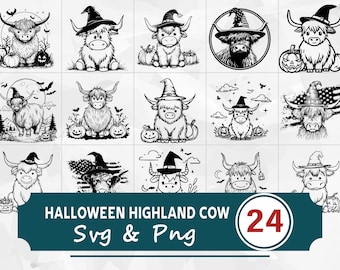 Halloween Highland Kuh SVG PNG Bundle, gruselige süße Kuh Clipart, Cricut Schnitt Dateien
