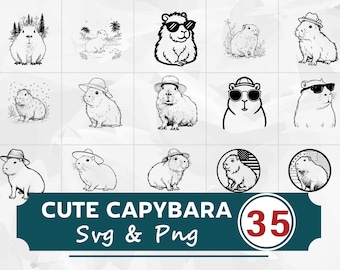 Paquete de siluetas de capibara lindas SVG y PNG, imágenes prediseñadas vectoriales de animales, archivos de corte Cricut, diseño de dibujos animados