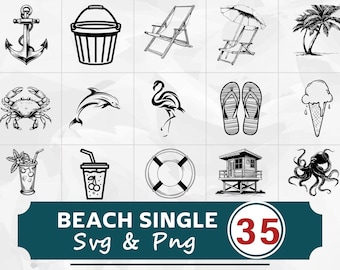 Beach Single Silhouette SVG PNG Bundle, Tropical Clipart Vector, Cricut Cut File