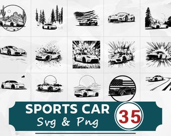 Paquete de siluetas de coches deportivos SVG PNG, imágenes prediseñadas de vehículos de carreras, archivos de corte de superdeportivos, vectores de coches rápidos