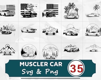 Paquete SVG PNG de siluetas de muscle cars, imágenes prediseñadas de coches clásicos, archivos de corte de Cricut