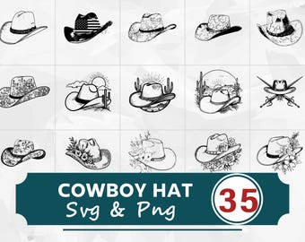 Cowboy Hat Silhouette SVG PNG Bundle, Western Clipart Vector, Cricut Cut Files