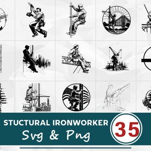 Puede incluir: Una colección de 15 ilustraciones en blanco y negro de trabajadores de estructuras metálicas en varias poses. Las imágenes muestran a los trabajadores en puentes, edificios y otras estructuras. El texto "STRUCTURAL IRONWORKER" y "Svg & Png" está incluido.