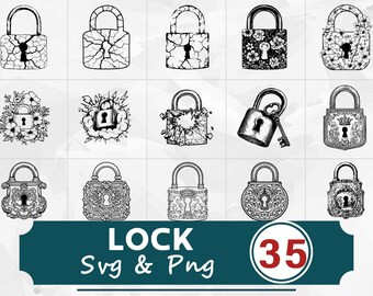 Paquete de siluetas de candado SVG PNG, vector de imágenes prediseñadas de candado, archivo de corte de Cricut
