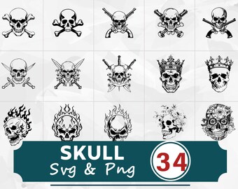 Skull Silhouette SVG PNG Bundle, Gothic Horror Clipart Vector, Cricut Cut Files Halloween Design