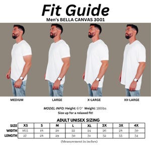 May include: A white Bella + Canvas 3001 t-shirt fit guide. The guide includes four models wearing the shirt in different sizes, along with a size chart. The chart provides measurements in inches for adult unisex sizing, including width and length.