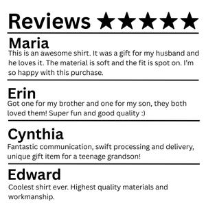 May include: Image of customer reviews with a five-star rating. The reviews are from Maria, Erin, Cynthia, and Edward. Maria says the shirt was a gift and the material is soft. Erin says her brother and son loved the shirts. Cynthia mentions swift delivery.