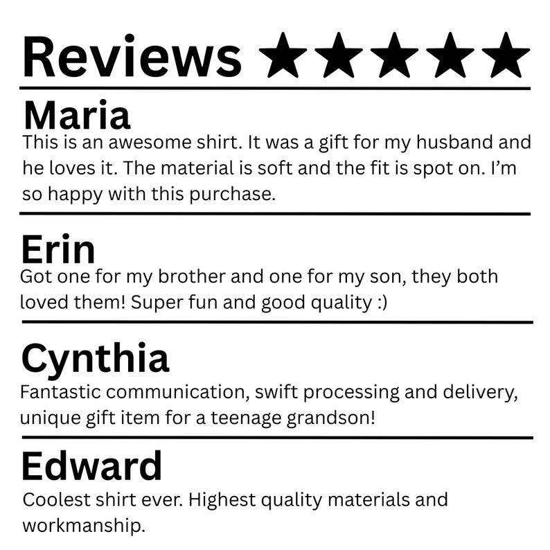 May include: Image of customer reviews with a five-star rating. The reviews are from Maria, Erin, Cynthia, and Edward. Maria says the shirt was a gift and the material is soft. Erin says her brother and son loved the shirts. Cynthia mentions swift delivery.