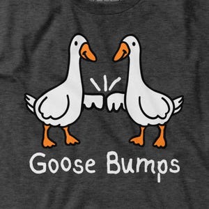 May include: Dark grey t-shirt with a graphic of two white geese bumping beaks, with orange beaks and feet. The text "Goose Bumps" is printed in white below the geese. A fun and playful design.