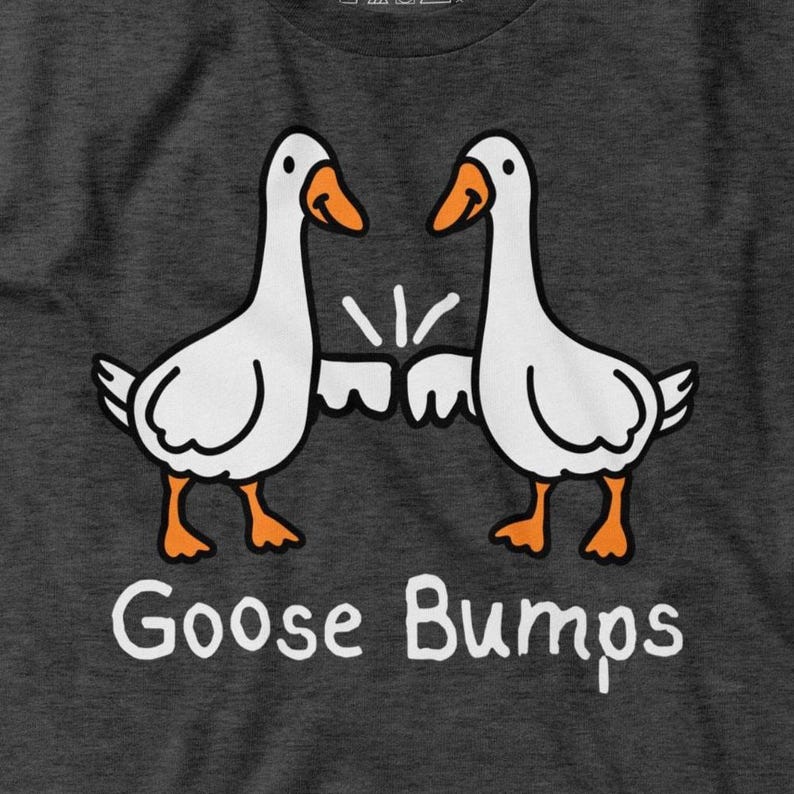 May include: Dark grey t-shirt with a graphic of two white geese bumping beaks, with orange beaks and feet. The text "Goose Bumps" is printed in white below the geese. A fun and playful design.