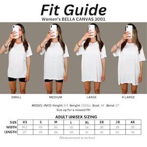 May include: A fit guide for Women's BELLA CANVAS 3001 t-shirts. The image shows four models wearing white t-shirts in different sizes. The guide includes a size chart with measurements in inches (1 inch = 2.54 cm) for adult unisex sizing, including width and length.