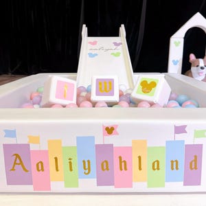 May include: A white ball pit with a slide and blocks. The ball pit is filled with pastel-colored balls. The slide has the name "Aaliyah" and Mickey Mouse icons. The blocks spell out "I", "W", and a Mickey Mouse icon. The ball pit has the text "Aaliyahland".