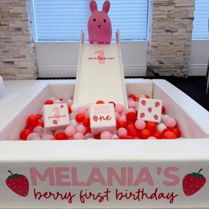 May include: A white ball pit with red, pink, and white balls. A small white slide is in the center, topped with a pink bunny. The pit is decorated with strawberry and text that reads "Melania's berry first birthday".