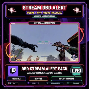 Puede incluir: Gráfico de producto digital para un paquete de alertas de transmisión de Dead by Daylight (DBD). El diseño presenta un borde morado y negro con el texto "STREAM DBD ALERT" y "DBD STREAM ALERT PACK". La vista previa muestra una escena del juego con personajes. Incluye archivos WEBM y WAV.