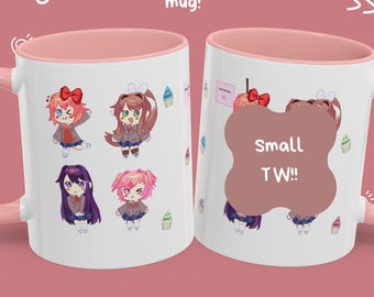 DDLC Coffee mug, Doki Doki Literature Club chibi characters, Monika, Yuri, Sayori, Natsuki, DDLC, Just Monika, anime mug, game mug