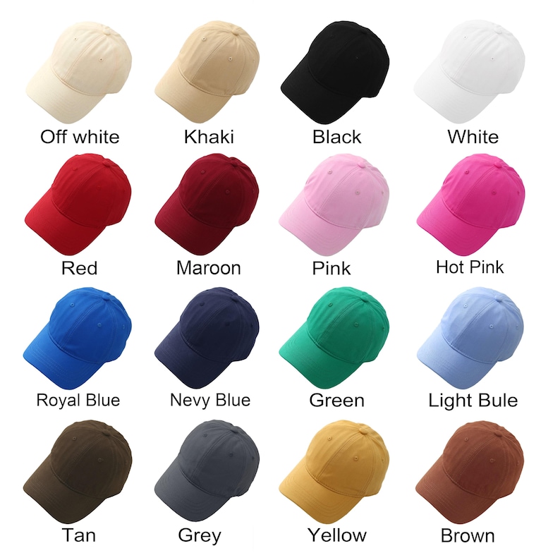 May include: A collection of baseball caps in various colors, including off-white, khaki, black, white, red, maroon, pink, hot pink, royal blue, navy blue, green, light blue, tan, grey, yellow, and brown. Each cap has a curved brim.