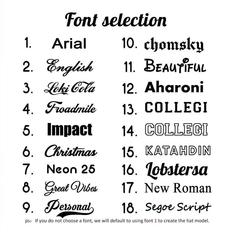 May include: A white background displays a list of 18 font selections for a hat model. Each font is numbered and named, including Arial, English, Impact, and Christmas. The text "Font selection" is at the top, with a note at the bottom.