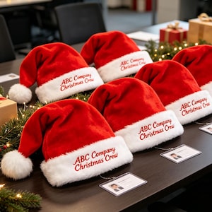 May include: A collection of red plush Santa hats with white faux fur trim, each embroidered with the text ABC Company Christmas Crew in red thread. Each hat features a white pom-pom at the tip and is paired with a clear plastic ID badge holder.