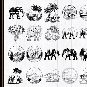 May include: A selection of black and white elephant-themed SVG and PNG designs. The designs feature elephants with floral details, landscapes, and an American flag pattern. The word "ELEPHANT" is printed vertically on the left side.