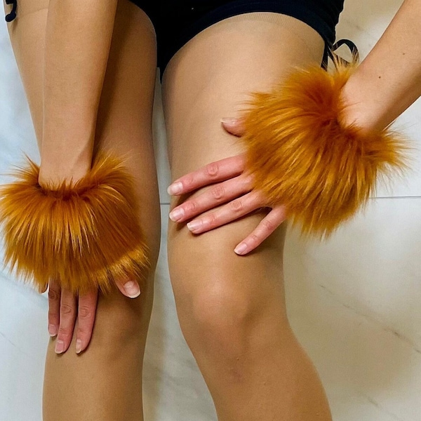 Luxury Shag Fox Amber Faux Fur Wrist Cuff Pair - Animal Hand Accessories - Wolf Costume - Cosplay, Amber Fur, Copper Fur