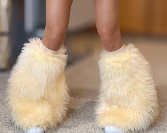 Light Yellow Faux Fur Leg Warmers - Shag Fluffy Costume Leggings