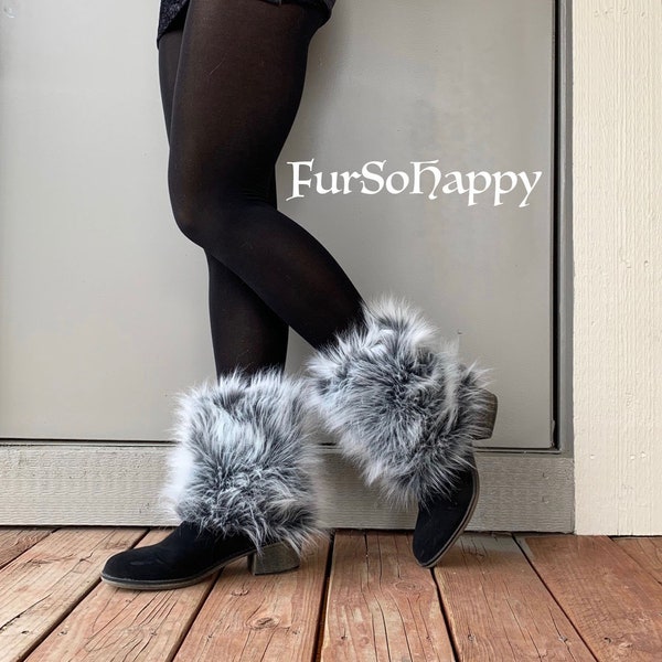 Luxury Shag Gray White Wolf Faux Shoe Covers - Boot Accessories - Husky Wolf Coyote Costume Anime Cosplay