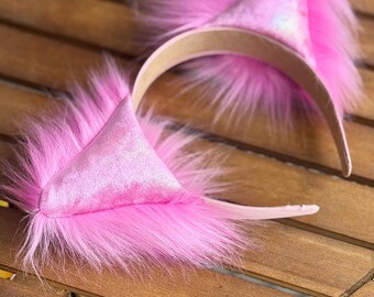 Reversible Faux Fur Cat Ears Headband – Pink & Aqua Fluffy Costume Accessory