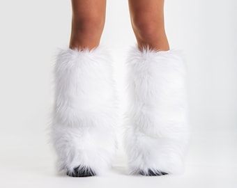 Luxury Shag Natural White Faux Fur GoGo Fluffies - Covers Only - White Fur Legwarmers Bootcovers Furry Costume Leggings - L/XL