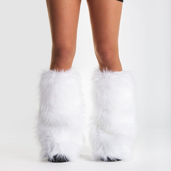Luxury Shag Natural White Faux Fur GoGo Fluffies - Covers Only - White Fur Legwarmers Bootcovers Furry Costume Leggings - L/XL