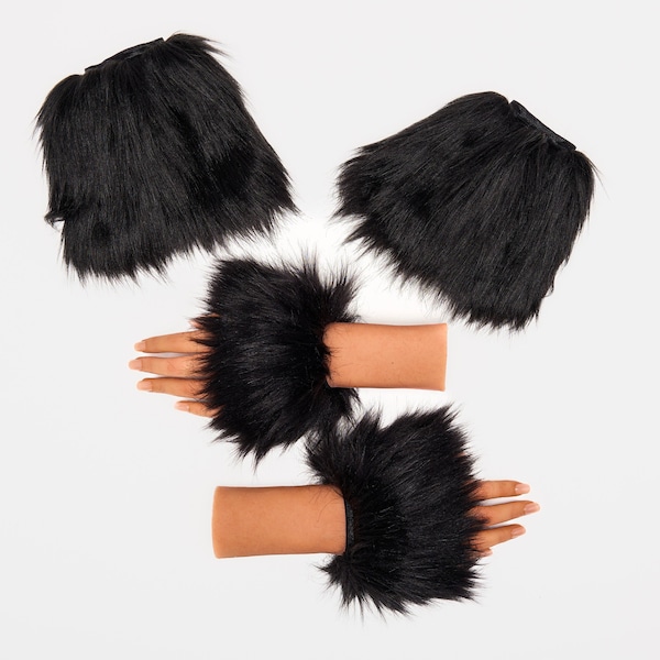 Adult or Teen Black Luxury Shag Faux Fur Wrist & Ankle Cuffs Set - Fur Costume Accessories