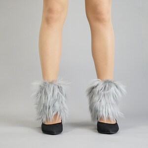 Luxury Light Gray Shag Faux Fur Ankle Cuffs with Black Elastic Bands - Kids, Adults