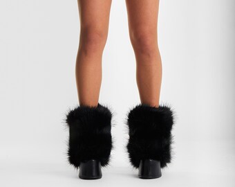 Luxury Black Faux Fur Legwarmers, Boot Cuffs, Ankle Cuffs, Accessories, Bear, Halloween, Women, Adult