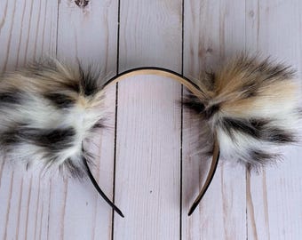 Luxury Handmade Faux Fur White Snow Leopard Pom Pom Headband Ears