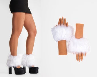 White Faux Fur Wrist and Ankle Cuffs Set Costume Accessories