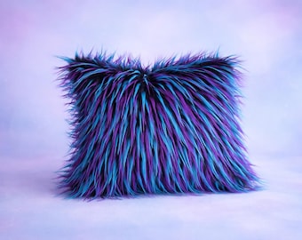 Electric Blue & Purple Faux Fur Stuffed Pillow – Punk Fairycore Accent Cushion – Long Shag Plush Throw Pillow for Bedroom or Lounge Decor
