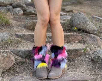 Tribal Multicolor Faux Fur Leg Warmers – Fluffy Boot Covers, Women, Girls Accessories