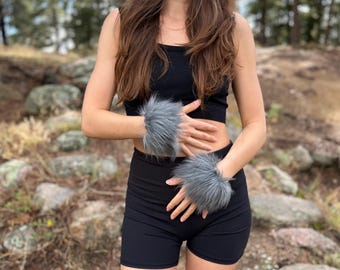 SALE Luxury Shag Light Gray Faux Fur Wrist Cuffs - Wolf Costume, Bear, Halloween - Kids, Adults